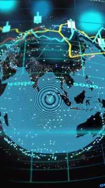 Finansal veri işleme animasyonu siyah arka planda dünya çapında. Küresel finans, iş, bağlantılar, hesaplama ve veri işleme kavramı dijital olarak oluşturulmuş video.