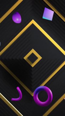 Mavi ve mor 3D şekiller, siyah arkaplanda altın kare çizgiler üzerinde dönüyorlar. Biçim, veri, bağlantı ve iletişim dijital olarak oluşturulmuş video.