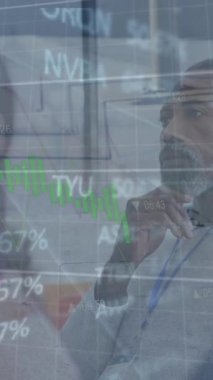 Animation of financial data processing over business people in office. Global business, finance, data processing and computing concept digitally generated video.