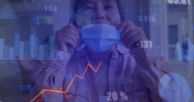 Maskeye uzanan ve onu canlandırılmış sağlık çizelgeleri olarak ayarlayan bir adam korunmayı ön plana çıkarıyor. Sağlık verileri, finansal grafikler, güvenlik, koruma, refah, ev ortamı, profesyonel