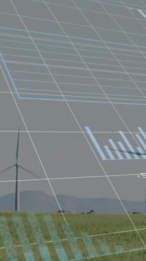 Birden fazla grafiğin animasyonu, değişen sayılar, yeşil alanda yel değirmeninin üzerinden çember yükleme. Dijital bileşik, çoklu pozlama, rapor, iş dünyası, çevre, teknoloji, sürdürülebilir konsept.