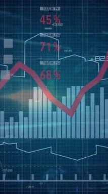 Finansal veriler analiz ediliyor, dünya haritasıyla dalgalanan grafiklerin canlandırılması. Finans, ekonomi, yatırım, analitik, küresel, görselleştirme