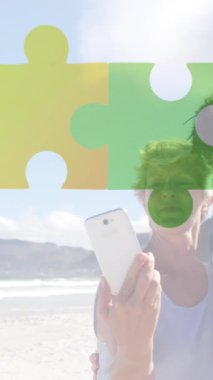 Kafkasyalı mutlu çiftin bulmacalarının animasyonu. Otizm farkındalık ayı ve öğrenme güçlüğü konsepti dijital olarak oluşturulmuş video.