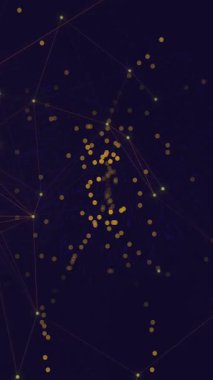 Sarı noktaların ve mavi arkaplanda yüzen bağlantı ağının animasyonu. Küresel ağ ve iş teknolojisi kavramı