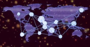 Solan mor harita başlangıç simgeleri küresel olarak görünür ve veri akışı için mavi çizgilere bağlanır. Küresel ağ, bağlantı, dijital altyapı, veri iletimi, teknoloji, siber, iletişim
