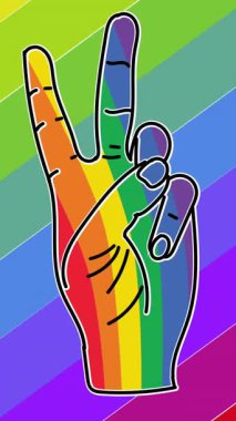 Animation of victory hand sign and flags over rainbow background. Pride, lgbtq and equality concept digitally generated video.