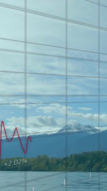 Veri işleme, borsa ve manzara üzerindeki diyagramların animasyonu. Küresel iş, doğa ve dijital arayüz kavramı, dijital olarak oluşturulmuş video.