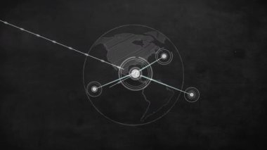 Merkezi düğüm yumurtlama halkaları, Dünya dış hatlarını çizmek ve ağ düğümlerini etkinleştirmek için çizgileri genişletmek. Ağ, bağlantı, dijital, şematik, geleceksel, teknoloji, iletişim