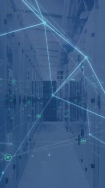 Animation of moving shapes over server room. Global business and digital interface concept digitally generated video.