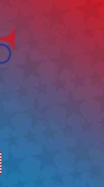 Amerikan bayrağında yıldızların ve şeritlerin arka planında renkli simgelerin canlandırılması. Vatanseverlik ve kutlama konsepti dijital olarak oluşturulmuş video.