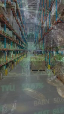 Animation of stock market data processing over empty warehouse against coins falling in the water. Global economy and logistics business technology concept
