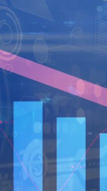 Mavi arkaplanda ok, grafik ve kullanıcı fotoğrafları animasyonu. Finans, ağ sosyal medya ve teknoloji konsepti dijital olarak oluşturulmuş video.