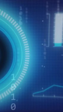 Dijital ekran animasyonu, simgeler, ikili kodlama ve veri işleme. Küresel ağlar, dijital arayüz, veri işleme ve bağlantılar konsepti dijital olarak oluşturuldu.