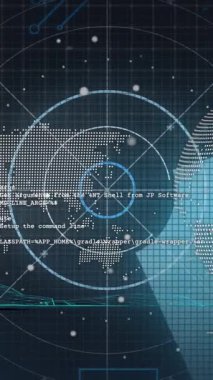 Donanma arka planında radar, grafik ve dünya haritası animasyonu. Veri işleme ve teknoloji konsepti dijital olarak oluşturulmuş video.