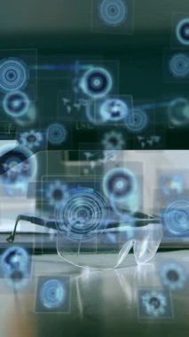 Animation of data processing with scope scanning over lab. Global connections, computing and digital interface concept digitally generated video.