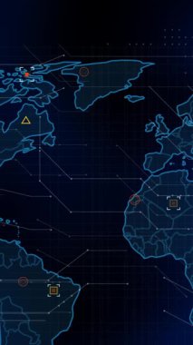 Dünya haritasında işaretleyicilerin ve veri işlemenin animasyonu. küresel bağlantılar, dijital arayüz ve dijital olarak oluşturulmuş video işleme konsepti.