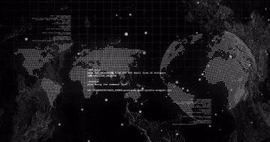 Başlangıç kodu parçacıkları nokta matris haritası üzerinde kayboluyor ve dünyayı döndüren siber analizler. Fütürist, dijital, veri, siber güvenlik, teknoloji, yenilik, soyut