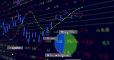 Borsa konsolu açılıyor, çubuklar hareket ediyor, turta grafiği dönüyor, nişan bildirimleri gösteriliyor. Finans, teknoloji, analitik, gösterge paneli, dijital, yatırım, gerçek zamanlı