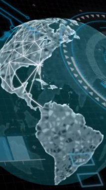 Siyah arkaplan üzerindeki yükleme çemberleri, grafikler, dünya ve devre kartı desenlerinin animasyonu. Dijital olarak üretilen hologram, illüstrasyon, rapor, iş, ilerleme, küreselleşme ve teknoloji.