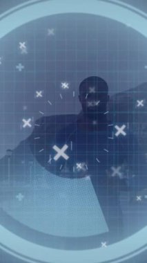 Animation of data processing over man running, exercising outdoors. Global sports, fitness, computing and data processing concept digitally generated video.