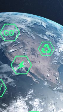 Animation of eco icons and data processing over globe. Global business, finances, computing and data processing concept digitally generated video.