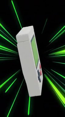 Siyah arka planda neon ışık izleri olan video oyunu bloknotlarının animasyonu. Küresel video oyunu, dijital arayüz, iletişim, bilgisayar ve veri işleme kavramı dijital olarak oluşturuldu.