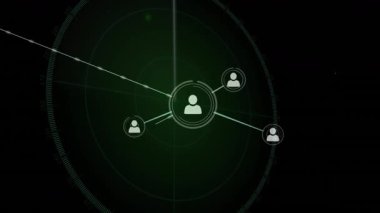 Düz tasarım radar taraması başlatılıyor. Merkezi kullanıcı simgesi oluşturarak ağ büyümesini sağlayan ikonlar oluşturuluyor. Teknoloji, bağlantı, ağ, dijital, iletişim, siber güvenlik, veri