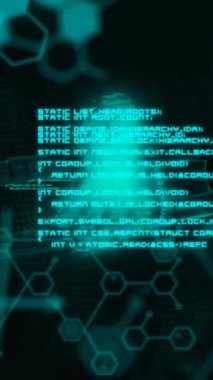 Siyah zemin üzerinde blockchain, molekül yapıları ve bilgisayar dili animasyonu. Dijital olarak üretilmiş, hologram, illüstrasyon, anatomi, kripto para, kodlama ve teknoloji konsepti.