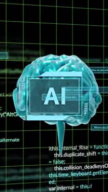 Siyah arka planda işlenen insan beyni ve ai verisinin animasyonu. Küresel yapay zeka, veri işleme, dijital arayüz ve bilgisayar konsepti dijital olarak oluşturuldu.