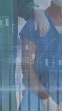 Siluetli bir iş kadını için finansal veri işleme animasyonu. Küresel işletme finans bağlantıları ve teknoloji konsepti dijital olarak oluşturulmuş video.