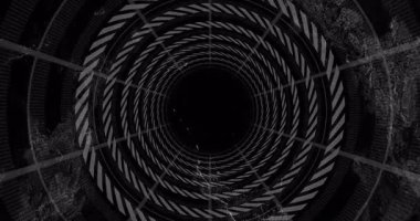 Kullanıcı spiral tünele giriyor. Dönen çizgili halkaları gösteriyor. İçe doğru dönüyor ve hipnotik iniş oluşturuyor. Soyut, hipnotik, fütürist, metalik, geometrik, daldırıcı, dijital