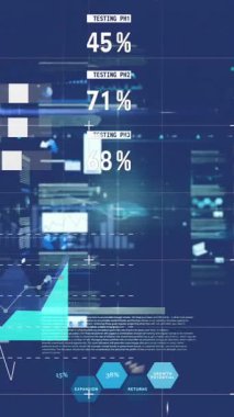 Mavi arkaplan ile istatistiksel veri işleme ekranlarının animasyonu. Bilgisayar arayüzü ve iş teknolojisi kavramı
