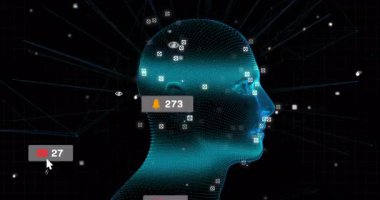 Mavi veri başı etrafında dönen kamerada, gelen uyarıları gösteren sosyal simgeler var. Teknoloji, siber uzay, dijital, geleceksel, yenilik, ağ, iletişim