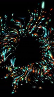 Siyah arkaplana karşı dinamik dalga deseni oluşturan noktaların animasyonu. Dijital olarak üretilmiş, hologram, illüstrasyon, veri, bağlantı, aydınlanma, fütüristik ve teknoloji kavramı.