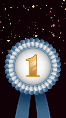 Mavi ve beyaz rosette bir numara ve siyah arka planda düşen konfeti animasyonu. Zafer, rekabet, birincilik, ödül, başarı, başarı ve kutlama, dijital olarak oluşturulmuş video.