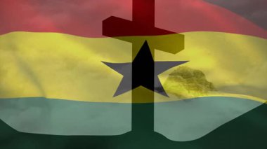 Ghanaian bayrağını sessiz gökyüzünün altında açmak çapraz örtüyü başlatıyor, bayrak dalgalanarak gösteriş sembolü oluşturuyor. Vatanseverlik, milliyetçilik, dijital sanat, animasyon, sembolizm, kültür, miras