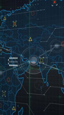 Mor arkaplandaki dünya haritasıyla şebeke üzerinden bağlantı ağının animasyonu. Küresel ağ ve iş teknolojisi kavramı