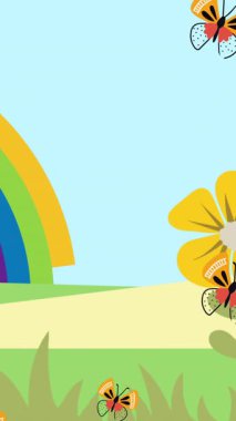 Mavi arka planda uçan kelebeklerin ve gökkuşağının üzerindeki çiçeklerin animasyonu. Bahar ve doğa konsepti dijital olarak oluşturulmuş video.