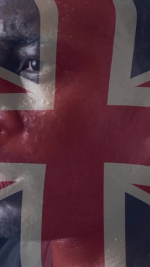 Sporcuya karşı İngiliz bayrağı animasyonu. Spor, bayraklar ve dijital arayüz konsepti dijital olarak oluşturulmuş video.