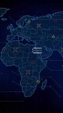 Dünya haritasında işaretleyicilerin ve veri işlemenin animasyonu. küresel bağlantılar, dijital arayüz ve dijital olarak oluşturulmuş video işleme konsepti.