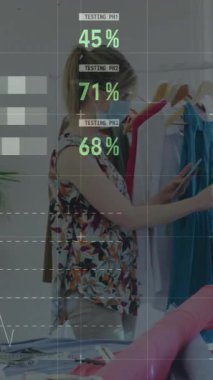 Yüz maskesi takan kadınların kıyafetlerini kontrol ettiği istatistikleri gösteren dijital arayüz animasyonu. Coronavirus covid 19 salgını sırasında sağlık ve korunma, dijital olarak üretilen video