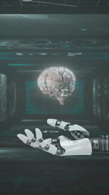 Dijital beyin animasyonu ve robotik el, matematiksel denklemleri siyah arkaplan üzerine kuruyor. küresel bağlantılar, dijital arayüz ve teknoloji konsepti dijital olarak oluşturulmuş video.