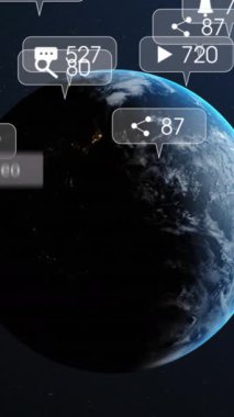 Dünya üzerinde düşen sosyal medya simgelerinin animasyonu. Sosyal medya ve iletişim konsepti dijital olarak oluşturulmuş video.