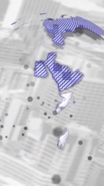 Dönen dünyanın üzerindeki gri noktaları şehir manzarasının havadan görüntüsüne bağlayan animasyon. Küresel ağ ve iş teknolojisi kavramı