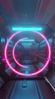 Renkli neon eşmerkezli daireler gelecekteki geçitte hareket ediyor. Vintage renk ve hareket konsepti dijital olarak oluşturuldu.