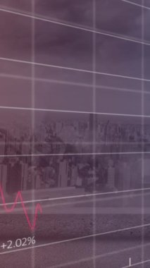 Animation of financial data processing over cityscape. Global business, finances, computing and data processing concept digitally generated video.