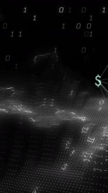 Dijital dünya haritası üzerinde ikili kod ve finansal semboller. Teknoloji, finans, küresel, veri, yenilik, siber alan