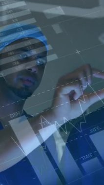 Animation of financial data processing over two diverse doctors. Global medicine, technology, data processing and digital interface concept digitally generated video.