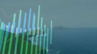 Puslu kıyı şeridi ortaya çıkıyor sonra şeffaf barlar yükseliyor, değişiyor ve veri silsilesini temsil ediyor. Soyut, görselleştirme, dijital, geleceksel, grafiksel, manzara, huzur