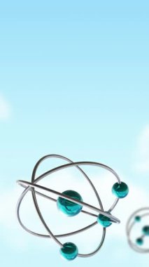 Mavi arka planda bulutların üzerinde dönen atom modellerinin animasyonu. Küresel bilim, araştırma, bağlantılar, hesaplama ve veri işleme kavramı dijital olarak oluşturulmuş video.